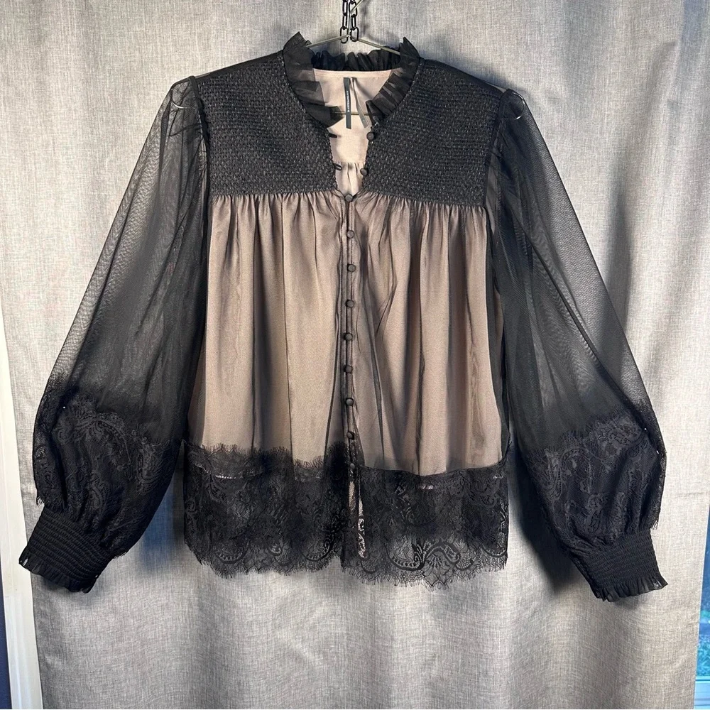 Anthropologie Layered Tulle Puff-Sleeve Lace Blouse. Size Large - Picture 3 of 11
